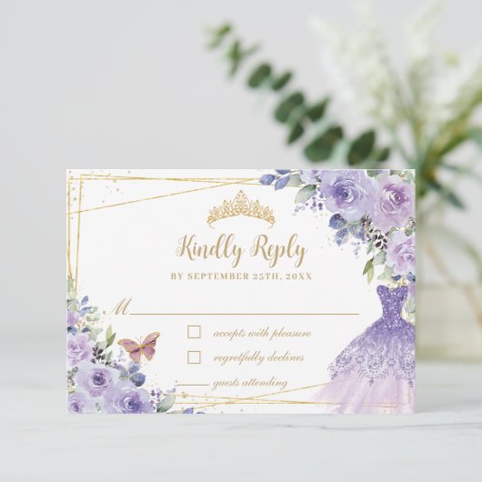 Paarse Lila Floral Gold Quinceañera Dress Gown RSVP Kaartje (Staand voorkant)