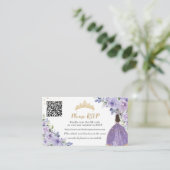 Paarse Lila Floral Gold Quinceañera QR Code Informatiekaartje (Staand voorkant)