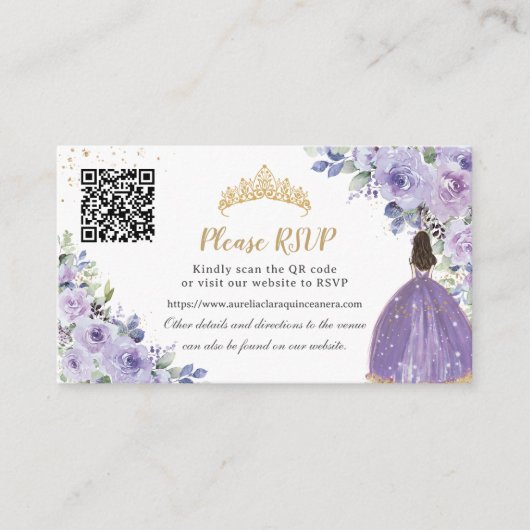 Paarse Lila Floral Gold Quinceañera QR Code Informatiekaartje (Voorkant)