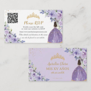 Paarse Lila Floral Gold Quinceañera QR Code Informatiekaartje
