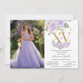 Paarse Lila Floral Gold XV Quinceañera 15 Foto Kaart (Voorkant)