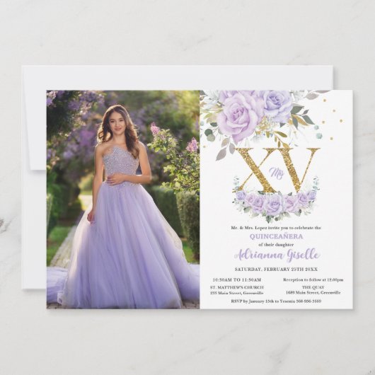 Paarse Lila Floral Gold XV Quinceañera 15 Foto Kaart (Voorkant)