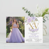 Paarse Lila Floral Gold XV Quinceañera 15 Foto Kaart (Staand voorkant)