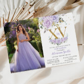 Paarse Lila Floral Gold XV Quinceañera 15 Foto Kaart