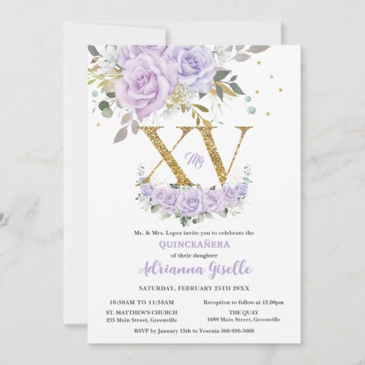 Paarse Lila Floral Goud XV Quinceañera Quince 15 Kaart (Voorkant)