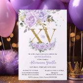 Paarse Lila Floral Goud XV Quinceañera Quince 15 Kaart