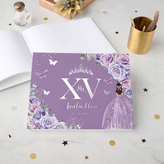 Paarse Lila Floral Jurk Zilver Quinceañera XV Gastenboek (Voorkant open)
