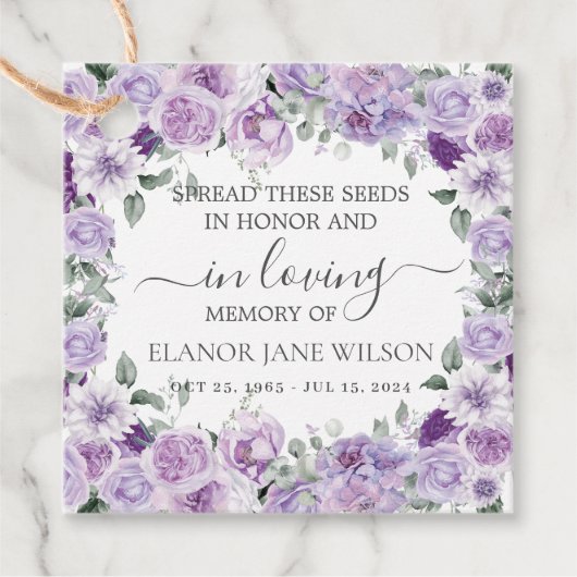 Paarse Lila Floral Memorial Funeral Seed Packet Bedankjes Labels (Voorkant)