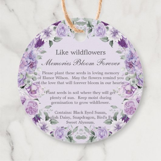 Paarse Lila Floral Memorial Funeral Seed Packet Bedankjes Labels (Achterkant)