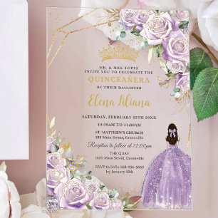 Paarse Lila Floral Princess Gold Quinceanera 15 Acryl Uitnodigingen