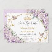 Paarse Lila Floral Princess Gold Quinceañera Save The Date (Voorkant / Achterkant)