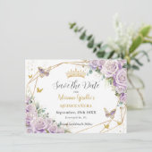 Paarse Lila Floral Princess Gold Quinceañera Save The Date (Staand voorkant)