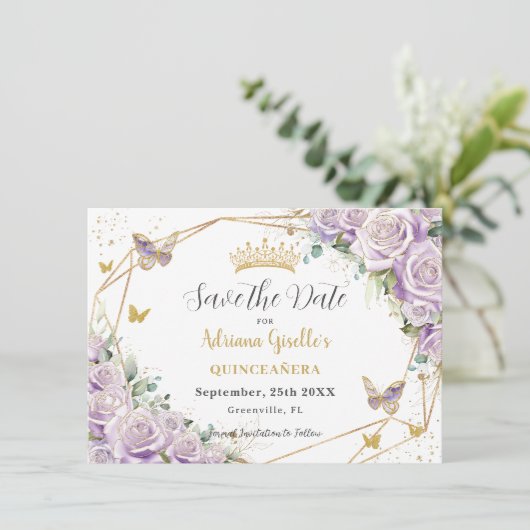 Paarse Lila Floral Princess Gold Quinceañera Save The Date (Staand voorkant)