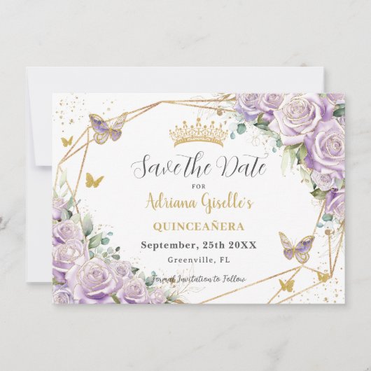Paarse Lila Floral Princess Gold Quinceañera Save The Date (Voorkant)