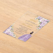 Paarse Lila Floral Princess Gold Quinceañera XV Acryl Uitnodigingen (Laagn)