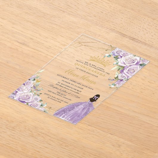 Paarse Lila Floral Princess Gold Quinceañera XV Acryl Uitnodigingen (Laagn)
