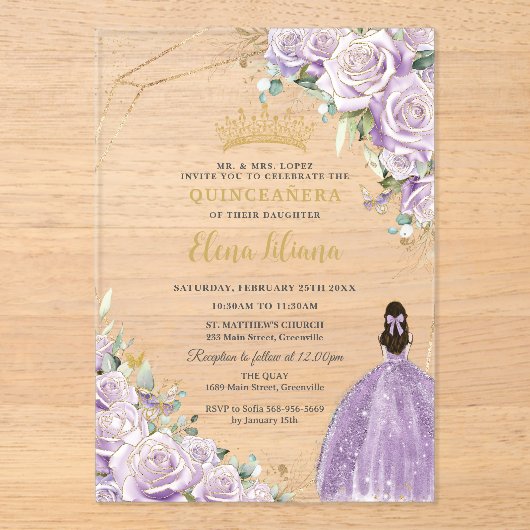Paarse Lila Floral Princess Gold Quinceañera XV Acryl Uitnodigingen (Voorkant)
