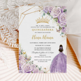 Paarse Lila Floral Princess Gold Quinceañera XV Kaart