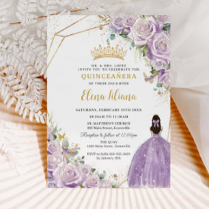 Paarse Lila Floral Princess Gold Quinceañera XV Kaart