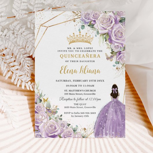 Paarse Lila Floral Princess Gold Quinceañera XV Kaart
