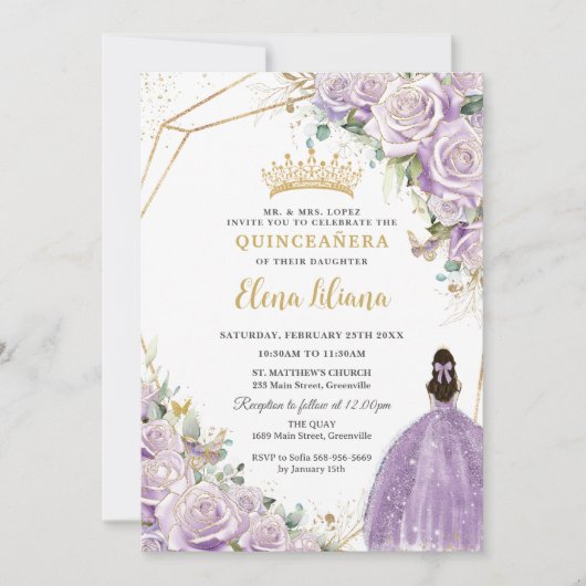 Paarse Lila Floral Princess Gold Quinceañera XV Kaart (Voorkant)