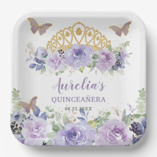 Paarse Lila Floral Quinceañera Crown Butterflies Papieren Bordje