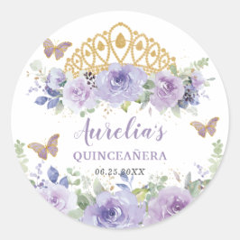 Paarse Lila Floral Quinceañera Crown Butterflies Ronde Sticker