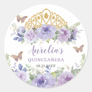 Paarse Lila Floral Quinceañera Crown Butterflies Ronde Sticker