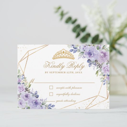 Paarse Lila Floral Quinceañera Gold Crown Tiara RSVP Kaartje (Staand voorkant)