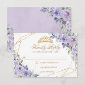 Paarse Lila Floral Quinceañera Gold Crown Tiara RSVP Kaartje (Voorkant / Achterkant)