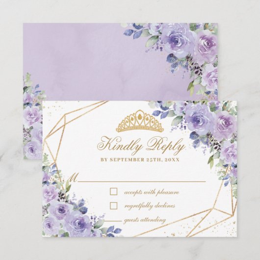 Paarse Lila Floral Quinceañera Gold Crown Tiara RSVP Kaartje (Voorkant / Achterkant)