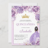 Paarse Lila Floral Quinceanera Gold Princess Kaart (Voorkant)