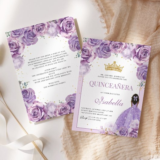 Paarse Lila Floral Quinceanera Gold Princess Kaart