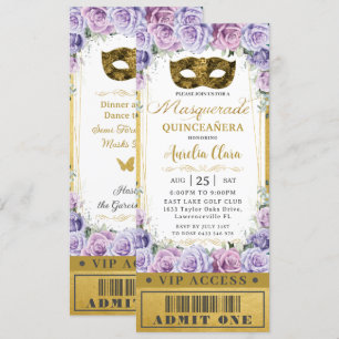 Paarse Lila Floral Quinceañera Masquerade Ticket Kaart