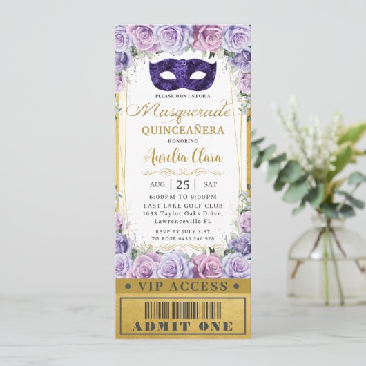 Paarse Lila Floral Quinceañera Masquerade Ticket Kaart (Staand voorkant)