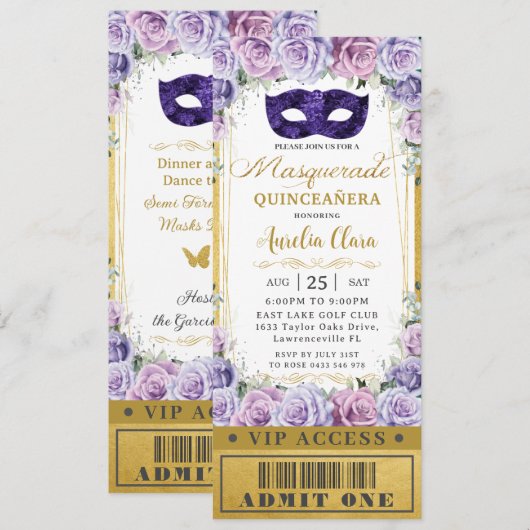 Paarse Lila Floral Quinceañera Masquerade Ticket Kaart (Voorkant / Achterkant)