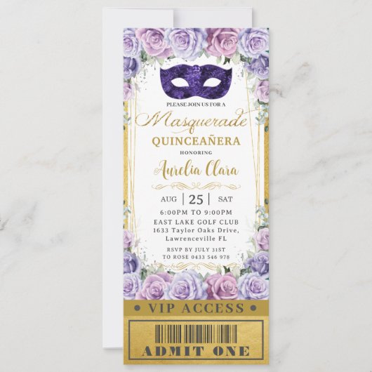 Paarse Lila Floral Quinceañera Masquerade Ticket Kaart (Voorkant)