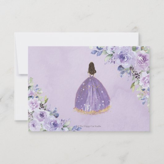 Paarse Lila Floral Quinceañera Princess Reply RSVP Kaartje (Achterkant)