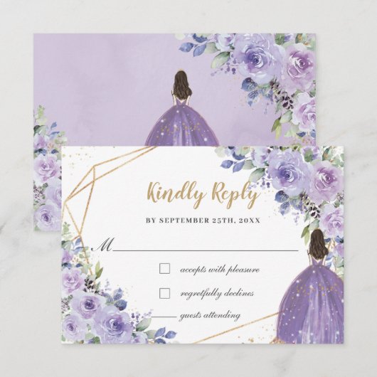 Paarse Lila Floral Quinceañera Princess Reply RSVP Kaartje (Voorkant / Achterkant)