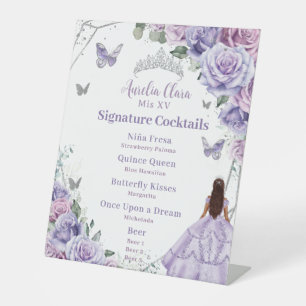 Paarse Lila Floral Quinceañera Signature Cocktail Reclamebord Met Voetstuk