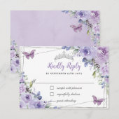 Paarse Lila Floral Quinceañera Silver Butterflies RSVP Kaartje (Voorkant / Achterkant)