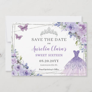 Paarse Lila Floral Quinceanera Sweet Sixteen Save The Date