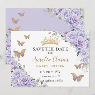 Paarse Lila Floral Quinceañera Sweet Sixteen Save The Date