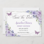 Paarse Lila Floral Quinceañera Sweet Sixteen Save The Date (Voorkant)