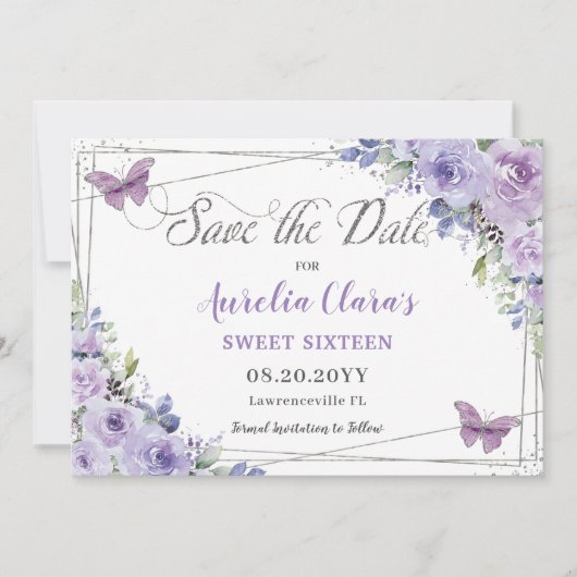 Paarse Lila Floral Quinceañera Sweet Sixteen Save The Date (Voorkant)