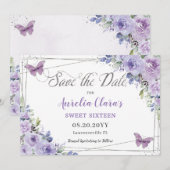 Paarse Lila Floral Quinceañera Sweet Sixteen Save The Date (Voorkant / Achterkant)