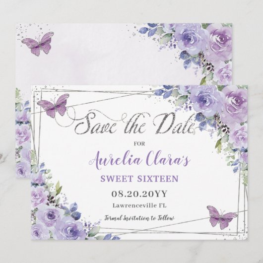 Paarse Lila Floral Quinceañera Sweet Sixteen Save The Date (Voorkant / Achterkant)