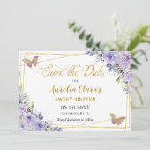 Paarse Lila Floral Quinceañera Sweet Sixteen Save The Date (Staand voorkant)