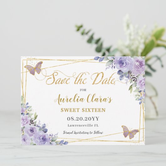Paarse Lila Floral Quinceañera Sweet Sixteen Save The Date (Staand voorkant)