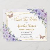 Paarse Lila Floral Quinceañera Sweet Sixteen Save The Date (Voorkant / Achterkant)